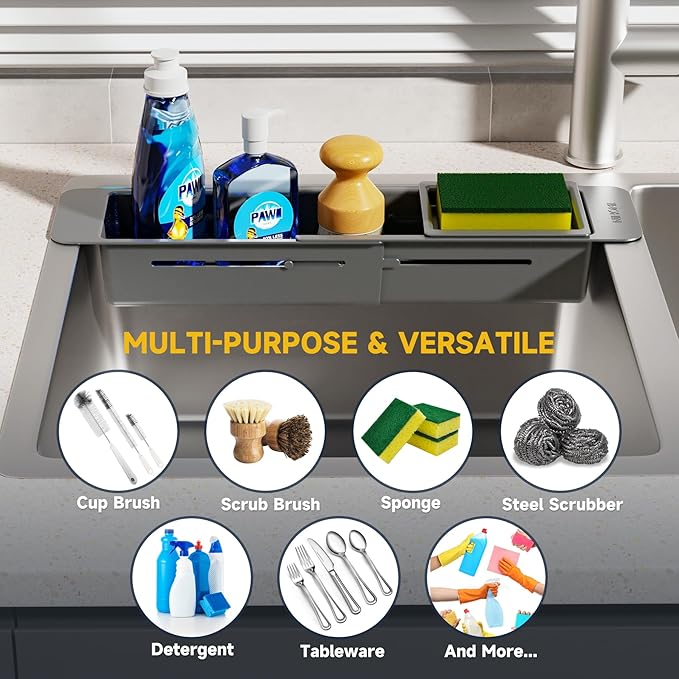 NiHome Extendable Over Sink Kitchen Organizer, Small Telescopic Brush Storage Rack for Sponge, Non-Slip Pads Expandable Sink Caddy, Adjustable Sponge/Brush Rack with Drainage Durable ABS (Dark Gray)