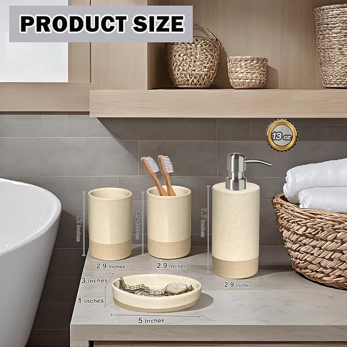 Bathroom Accessories Set 4, Beige Soap Dispenser for Bathroom, Toothbrush Holder,Tumbler Cup and Soap Dish, New Apartment Essentials, Modern Beige Bathroom Décor (Rustic)
