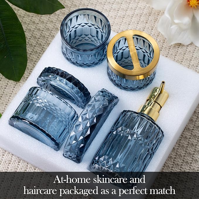 Bathroom Accessory Set 5 Pcs, Glass Bathroom Set Include Soap Dish, Toothbrush Holder, Mousewash Cup, Soap Dispenser, Cotton Swab Jar, Blue