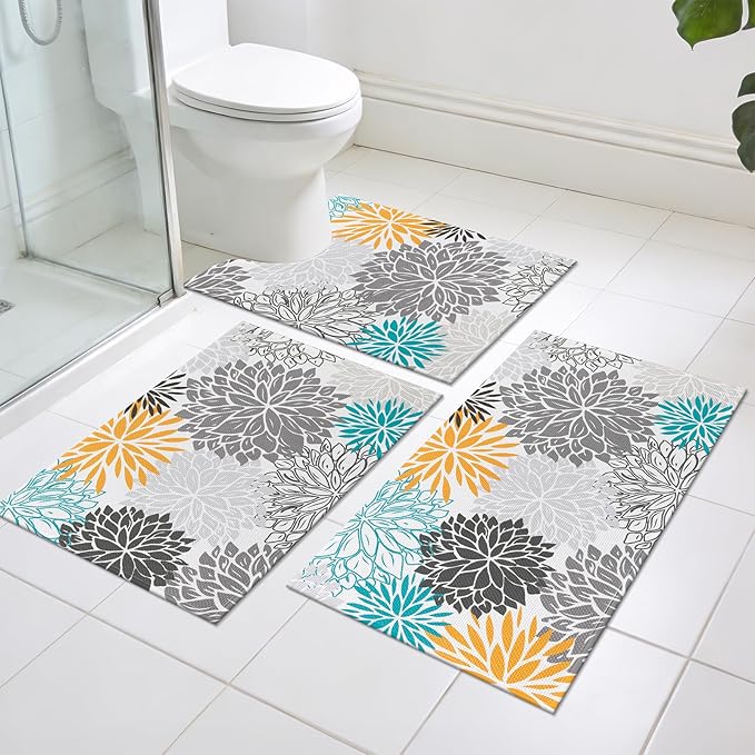 Vaukki Bathroom Rug Set 3 Piece, Non Slip Absorbent Rubber Backed Floral Bath Floor Mat Fit Under Door, Ultra Thin Quick Drying Bath Rug for Shower, Tub and Toilet, 17"x26"+17"x32"+17"x24"U, Grey
