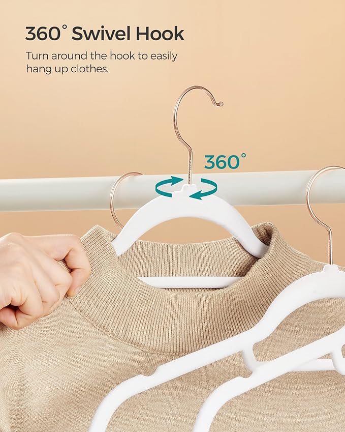 SONGMICS Velvet Hangers, Set of 60 Clothes Hanger with Rose Gold Swivel Hook, Non-Slip, and Space-Saving, 0.2-Inch Thick, 17.1-Inch Long for Coat, Shirt, Dress, Pants, Tie, Cloud White UCRF0021W01