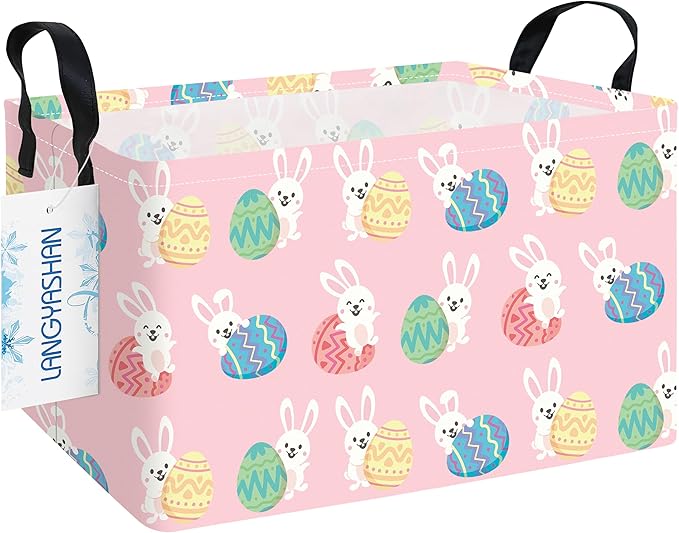 LANGYASHAN Rectangular Storage Bin Collapse Canvas Fabric Cartoon Storage Basket with Handles for Organizing Home Kitchen Boys and Girls Toys Office Closet Shelf Baskets (Rec Pink Rabbit Easter Egg)
