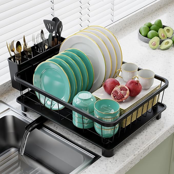 Dish Drying Rack - Space-Saving Dish Rack,Dish Racks for Kitchen Counter with Drainboard, Rustproof Dish Drainer with a Removable 4-Compartment Utensil Holder,Black