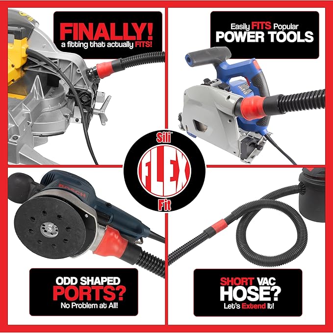10 Foot Long Dust Collection Power Tool Hose Kit with 8 Attachments for Multiple Types/Brands of Power Tools and Work Shop Vacuums Featuring Sili Flex Fit Fittings (Hose w/ 8 Fittings)