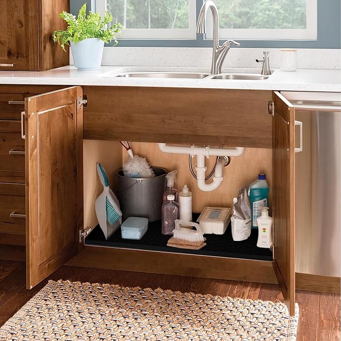 Under Sink Mat for Kitchen Silicone Waterproof Under Sink Liner, Flexible Sink Cabinet Organizer Tray with Drain Hole, Hold up to 3.3 Gallons Liquid, Easy to Clean (Black, 28X19)