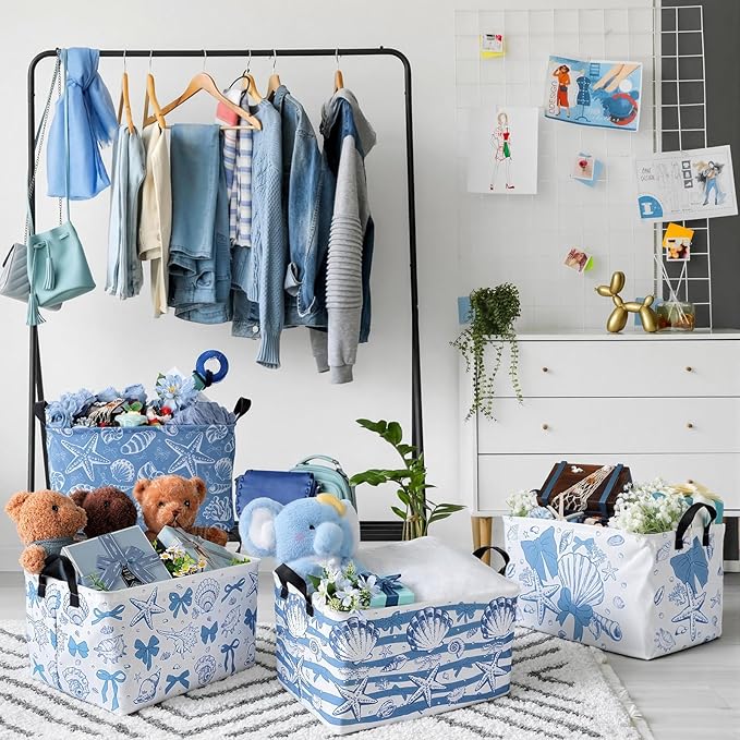 4 Pcs Coastal Beach Storage Basket Fabric Laundry Baskets with Handle Summer Ocean Blue Bow Foldable Organizer Boxes for Office Home Bedroom Baby Cloth Toy Book 15 x 10 x 8