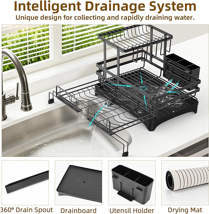AULEEP 2 Tier Dish Drying Rack, 2-in-1 Expandable Dish Drying Racks for Kitchen Counter, Anti-Rust Large Dish Drainers for Kitchen Sink with Dish Drying Mat, Cups Holder, Utensil Holder