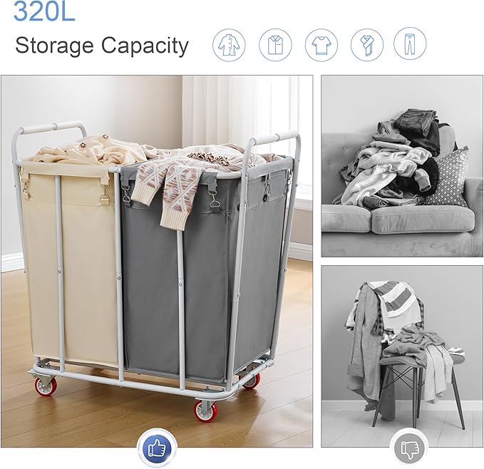 Hoctieon 2 Section Laundry Sorter Cart, 400L Rolling Hamper with Wheels, Industrial Laundry Basket Organizer, Extra Large Dirty Clothes Hamper for Home & Hotel, Heavy Duty, Gray+Beige