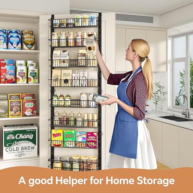 MIAOLI Over the Door Pantry Organizer, 8-Tier Adjustable Spice Rack Cabinet Door Shelves, Hanging Seasoning Organizer for Kitchen Bathroom, Laundry Room Organization, Black