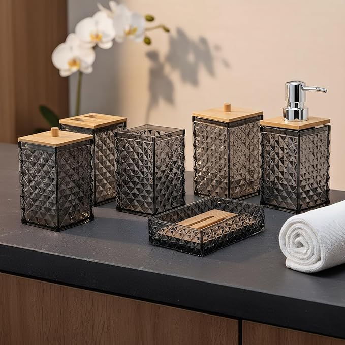 Bathroom Accessory Set,6 Pcs Gray Bathroom Set Include Soap Dispenser, Qtip Holder Dispenser, Soap Dish,Toothbrush Holder & Mouthwash Cup.Boho Bathroom Set