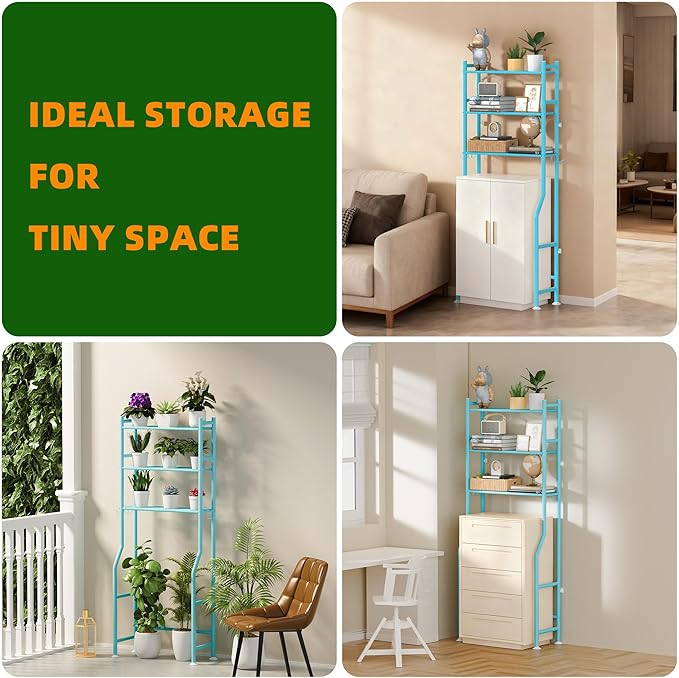 3-Tier Over The Toilet Storage, Space Saver Metal Bathroom Shelves, Freestanding Above Over Toilet Storage Shelf with 4 Hooks for Bathroom, Blue