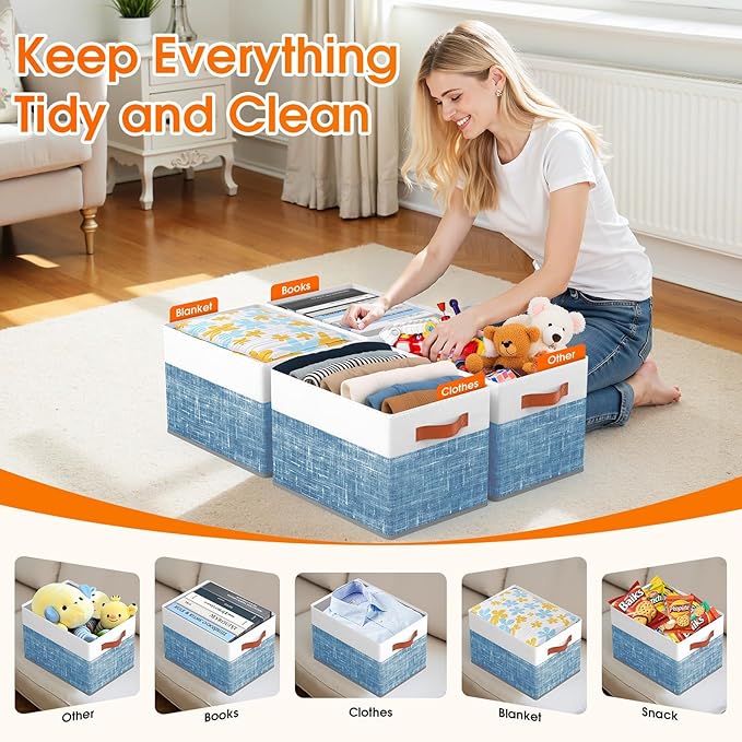 Fab totes Collapsible Storage Baskets for Shelves,14"x10", 8 Pack Foldable Fabric Storage Bins with Double Leather Handles, Large Baskets for Organizing Books, Clothes, White & Blue