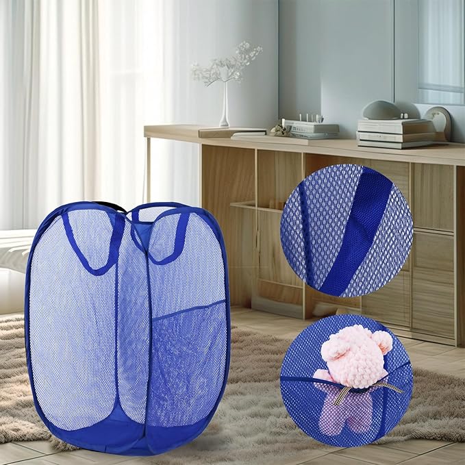 LXLOVESM Pop Up Laundry Hamper, Mesh Laundry Basket Collapsible, Foldable Hamper for Travel and Storage (Blue)