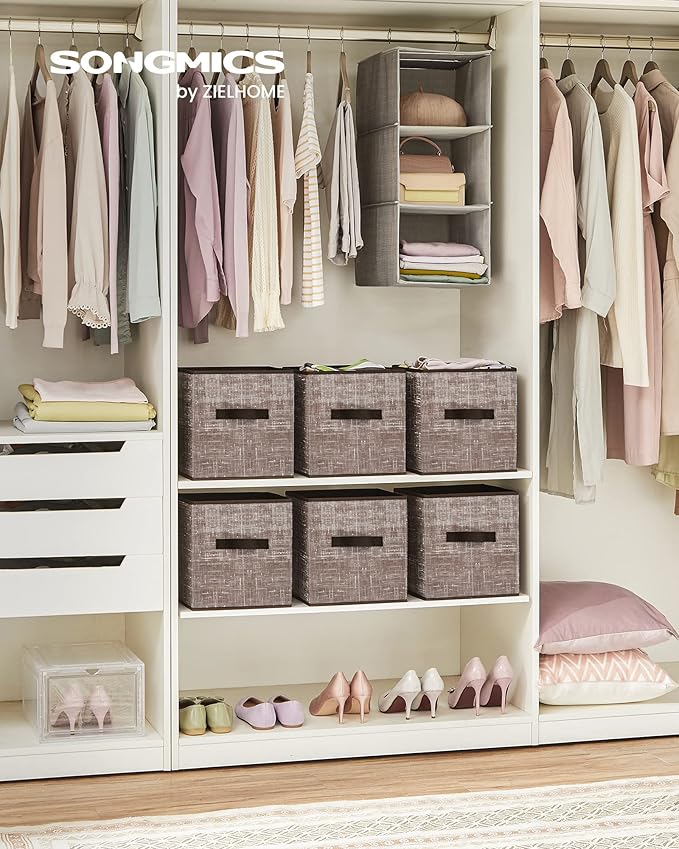 SONGMICS Storage Cubes, 11-Inch Non-Woven Fabric Bins with Double Handles, Set of 6, Closet Organizers for Shelves, Foldable, for Clothes, Walnut Color UROB026K02