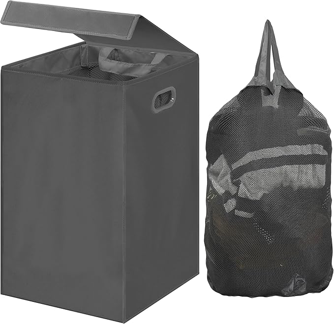 Simple Houseware Foldable Laundry Hamper Basket with Lid and Removable Bag, Dark Gray