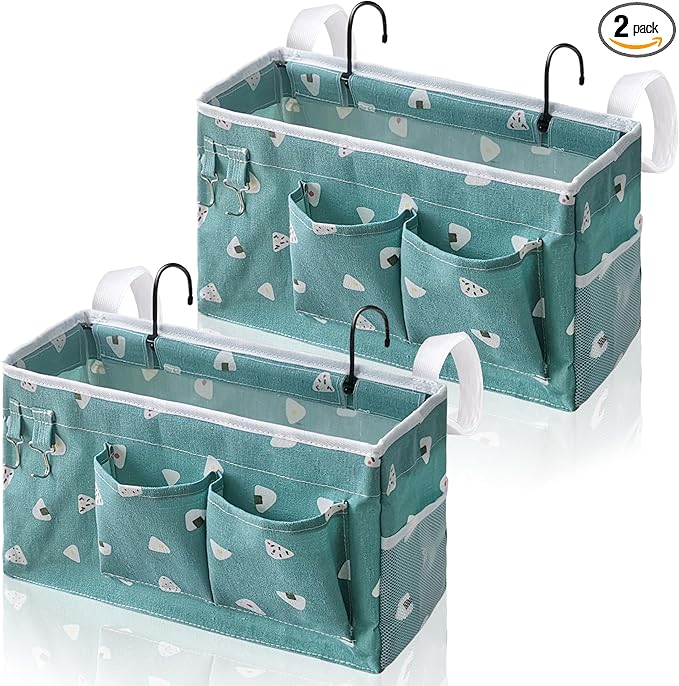 Kanrichu 2pcs Bedside Caddy Hanging Storage Bag, Organizer Baskets with Pockets for Bunk Bed Shelf and Hospital Beds, Loft & Dorm Rooms Chair Bed Rails Accessories (Bedside bag-Riceball)