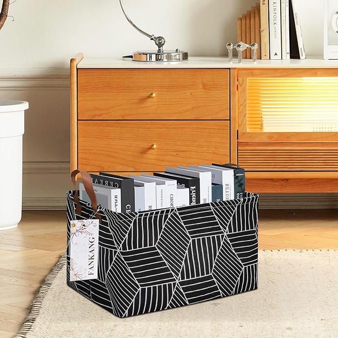 FANKANG Storage Basket,Nursery Hamper Canvas Laundry Basket Foldable with Waterproof PE Coating Storage, Office, Bedroom, Clothes,Toys (Rec-Black Cube)