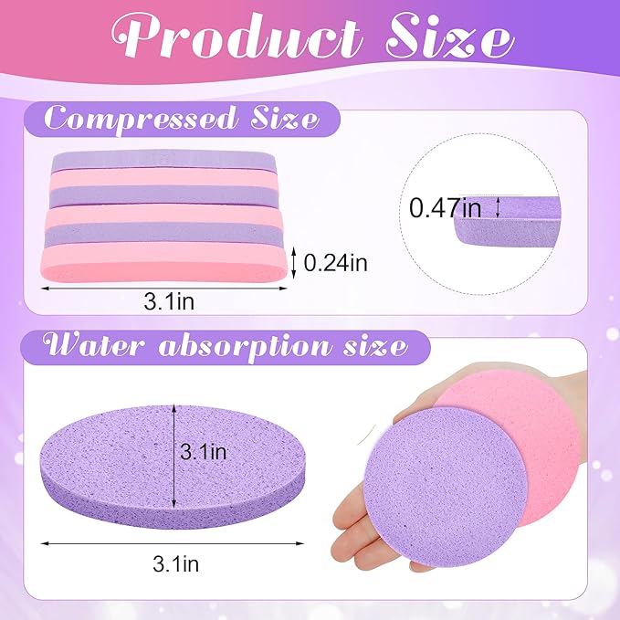 120 Pcs Facial Sponge Compressed, Luxiv Face Cleansing Sponge Estheticians Compressed Makeup Facial Sponge Round Wash Face Sponges for Women Compress Exfoliating Removal Sponge (Purple+pink)