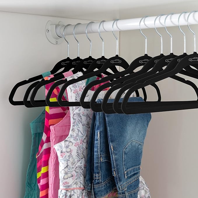 Simplify 100 Pack Kids Velvet Hangers | Slim | Non-Slip Design | Space Saving | Childrens Clothes | Shirts | Pants | Dresses | Baby Nursery | Closet Storage & Organization | Black