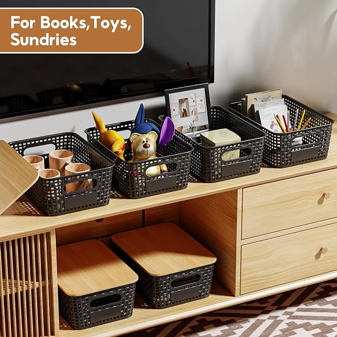 8 PCS Plastic Storage Bins with Bamboo Lid, Stackable Storage Baskets with Lids & Labels for Organizing, Storage Bins for shelves, Office, Drawer, Cabinet & Pantry,Nursery Organization,10.2*7.2*4.1In