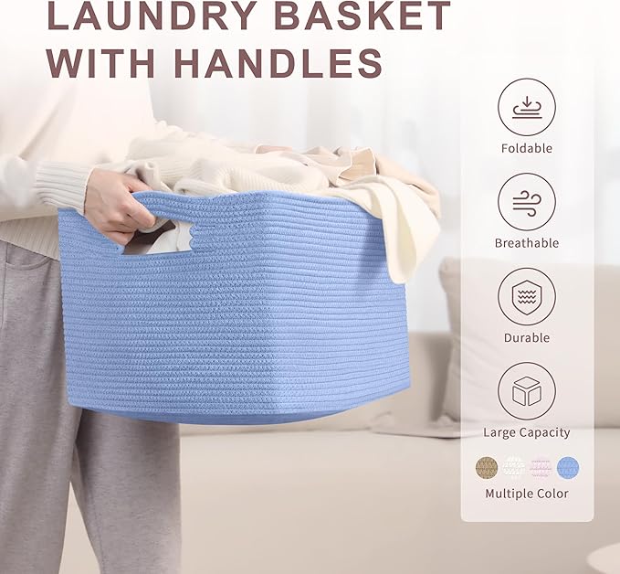 60L Small Baby Girls Laundry Basket for Nursery Storage,Cute Woven cotton Rope Baskets for Kids Toy，Gifts, Boho Square Wicker Blanket hamper for Living Room,Bedroom Dirty Clothes,Blue Purple