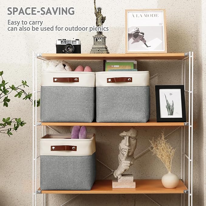 4-Pack Foldable Fabric Storage Cubes 11x11 Inch, Sturdy Cube Organizer Bins with Leather Handles, Storage Baskets for Closet Shelves and Home Organization(White/Gray)