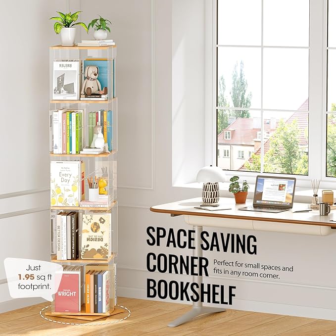 5-Tier Rotating Bookshelf, 360° Spinning Book Shelf Tower with Solid Wood & Clear Acrylic, Square Revolving Bookcase for Kids Room, Living Room, Bedroom and Office
