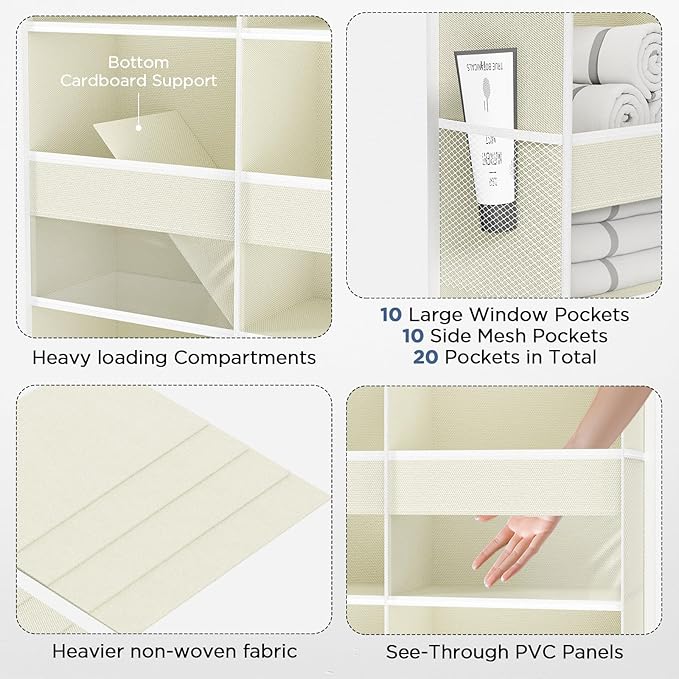 PureSpace 5-Tier Over The Door Organizer with 10 Side Mesh Pockets & Clear Windows, 80 lbs Weight Capacity Hanging Storage for Bathroom, Bedroom, Nursery, Kitchen, Organize Shoes, Diapers(Beige)