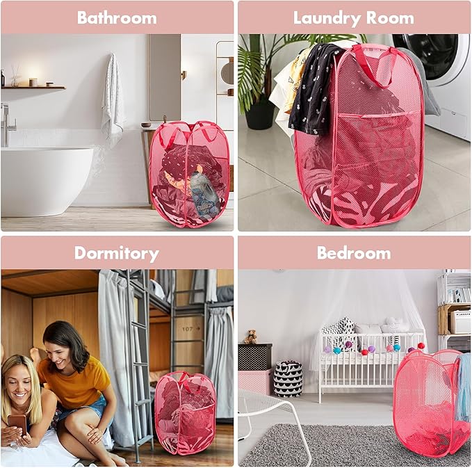 DUCOO Pop Up Hamper, 2 PCS Mesh Pop Up Laundry Hamper, Foldable Mesh Laundry Basket with Space Saving Design for Home, Dorm, Travel and Storage, Red