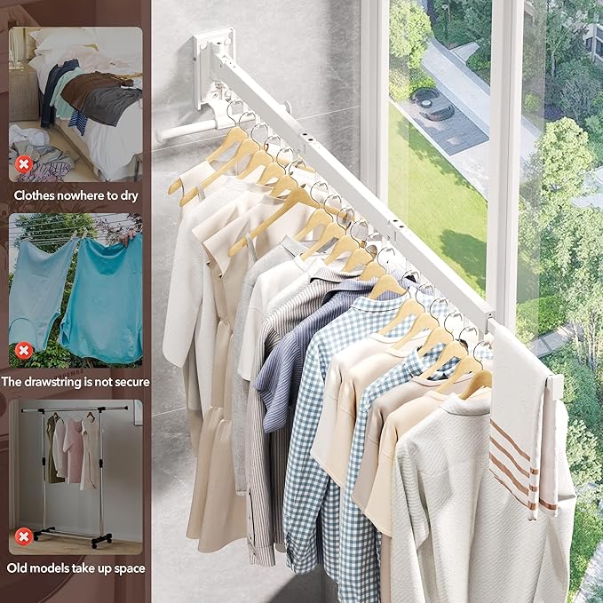 ZdwCyl Clothes Drying Rack,Laundry Drying Rack Wall Mount, Wall Mounted Clothes Rack,Retractable,Collapsible(Tri-Fold),Drying Rack Clothing,can Fold Upward & Left & Right,Space Saver, White Color