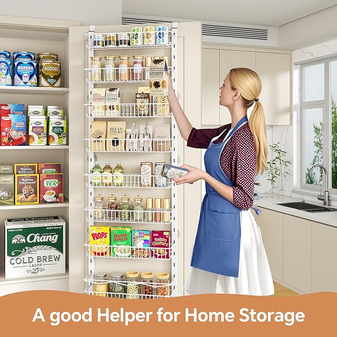 MIAOLI Over the Door Pantry Organizer, 10-Tier Adjustable Spice Rack Cabinet Door Shelves, Hanging Seasoning Organizer for Kitchen Bathroom, Laundry Room Organization, White