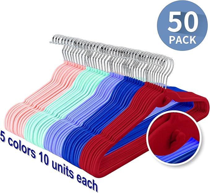 Multi-Color Premium Velvet Hangers with Mini Hooks, Pack of 50, Non Slip, Space Saving Cascading Clothes Hangers, 5 Colors, Pink, Lavender, Navy Blue, Red Burgundy and Mint Green