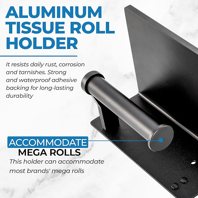 Toilet Paper Holder with Shelf + 2 PCS Towel Hooks - Self Adhesive Toilet Paper Storage - Tissue Roll Holder with Phone Shelf - Wall Mount Toilet Roll Bathroom Organizer - Black