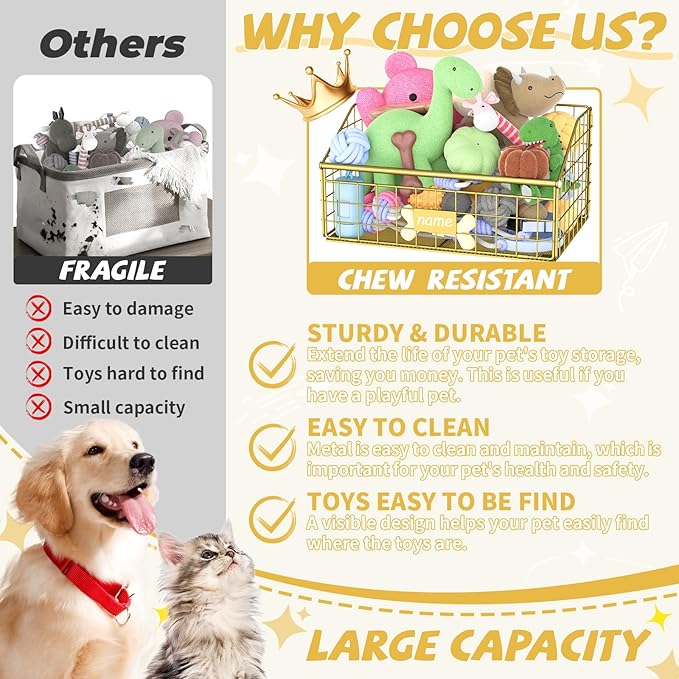 Indestructible Dog Toy basket, Small Toy Box for Dogs, Pet Toy Bin Dog Metal Basket for Toys, Toy Storage Organizer, Cat Toy Box for Living Room Area(Gold)