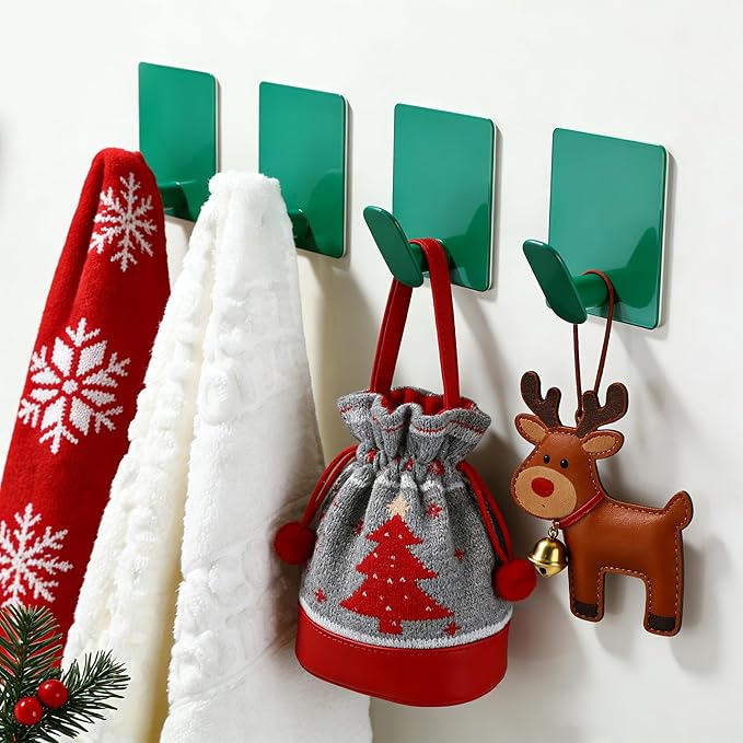 DELITON 4 Pack Colorful Hanging Hooks - Adhesive Green Cute Kids Wall Hooks for Hanging Towels, Robe, Coat, Decor Bathroom Organizer