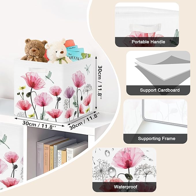 Clastyle Flowers Storage Cube Organizer Set Handle Closet Clothes Cube with Metal Frame Foldable Parents Organizer Storage Basket for Book Toy,Red Poppy,11.8x11.8x11.8 in