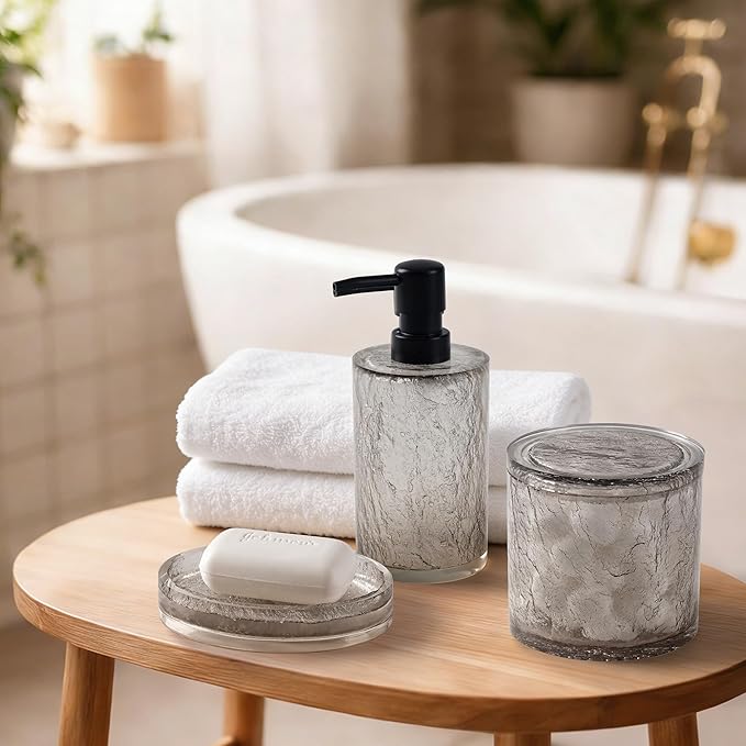 Modern Luxe Bathroom Accessories Set 6 Pcs Resin Bathroom Accessory Set Soap Dispenser Toothbrush Holder Tumbler Soap Dish Tray Trash Can Easy to Clean Crackle Pattern Translucent Black