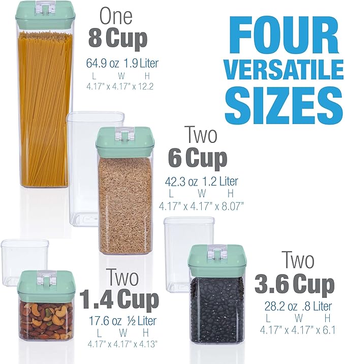 Set of 7 Airtight Food Storage Containers - Pantry Organizer Bins, BPA Free Plastic Containers plus Dry Erase Marker and Labels, Mint Green