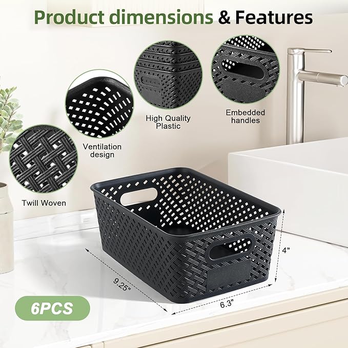 Small Plastic Twill Woven Storage Baskets, Stackable Organizing Containers with Labels for Pantry Office, 6-Pack, Black
