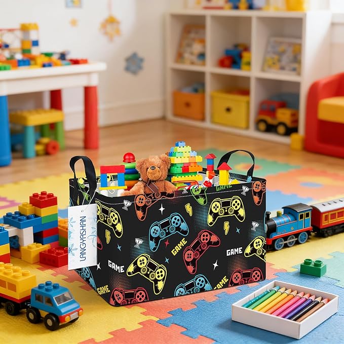 LANGYASHAN Rectangular Storage Bin Collapse Canvas Fabric Cartoon Storage Basket with Handles for Organizing Home Kitchen Boys and Girls Toys Office Closet Shelf Baskets (Rec Game)
