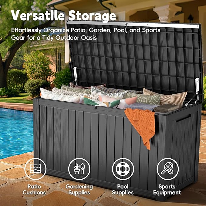 Outdoor Storage Box, 200 Gallon Waterproof Resin Deck Box, Storage Bin for Package Delivery, Patio Furniture Cushion, Garden Tools, Pool Accessories, Weatherproof and UV Resistant, Black