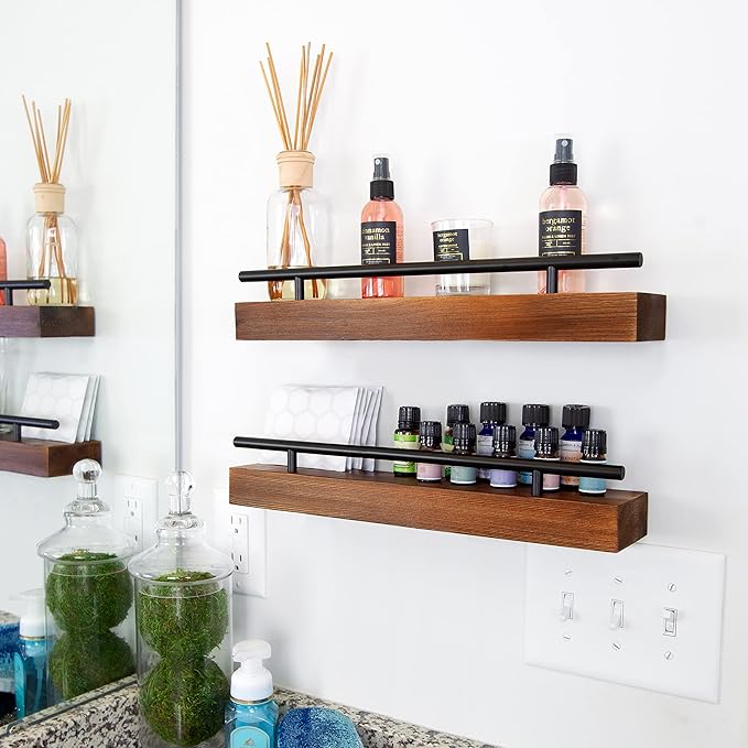 Floating Shelf Spice Rack - Multipurpose Pantry, Kitchen & Bathroom Wall Mounted Organizer for Spices, Essential Oils - Rustic Wood Hanging Shelving for Home - Solid Pine