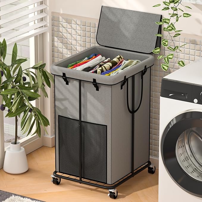 Large Laundry Hampers with Lid, Oxford Fabric Laundry Hampers, Metal Frame and Removable Bag Design with Wheels, Suitable for Bedroom, Bathroom, Dorm Room, Laundry Room (Grey with Lid)