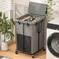 Large Laundry Hampers with Lid, Oxford Fabric Laundry Hampers, Metal Frame and Removable Bag Design with Wheels, Suitable for Bedroom, Bathroom, Dorm Room, Laundry Room (Grey with Lid)