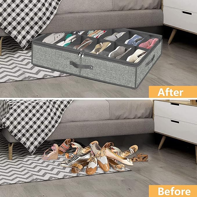 homyfort Under Bed Shoe Storage Organizer for Closet Fits 24 Pairs-Sturdy Underbed Shoe Containers Boxes Organizador De Zapatos with Clear Cover,Set of 2, 29.3 x 23.6 x 5.9inch (Linen-like Grey)