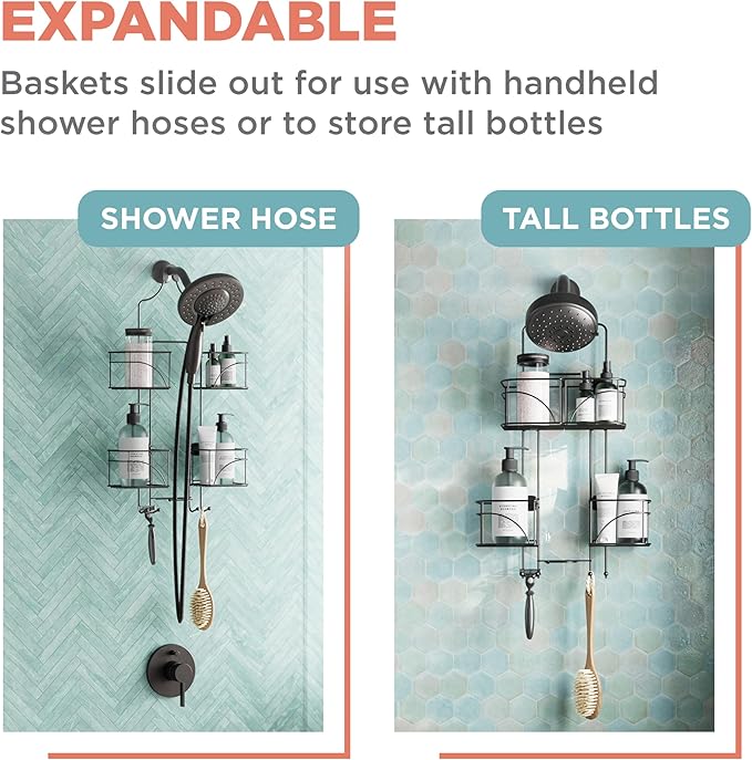 Zenna Home Modern Bronze Expandable Rust-Resistant Over-the-Shower Caddy, 4 Load, Hanging Mount, Wall Mount, 10.25"D x 16"W x 24.75"H, Bronze
