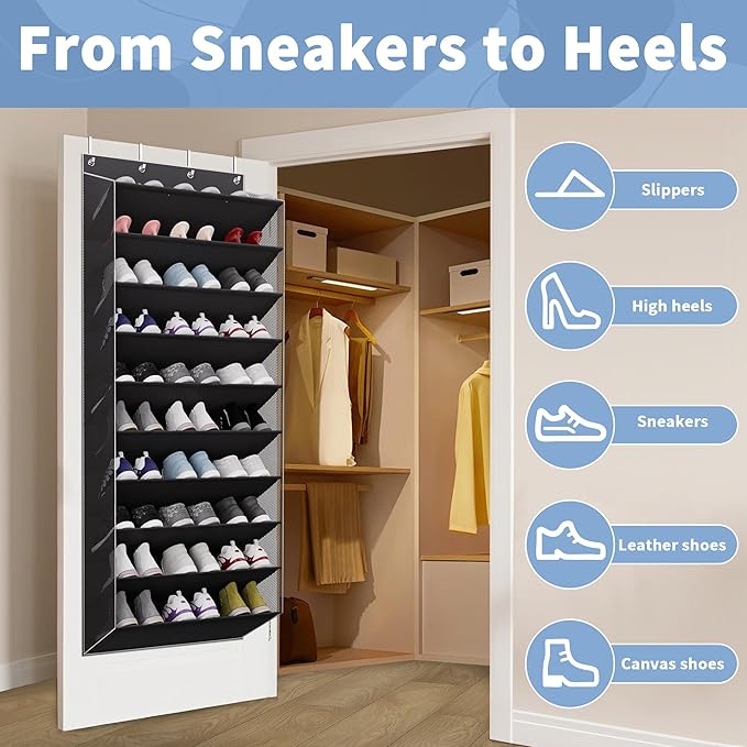 10-Tier Large Size Over The Door Shoe Organizer, Holds 30 Pairs Hanging Shoe Rack with Deep Pockets for Closet, Space-Saving Storage for Sneakers, Boots (Black)