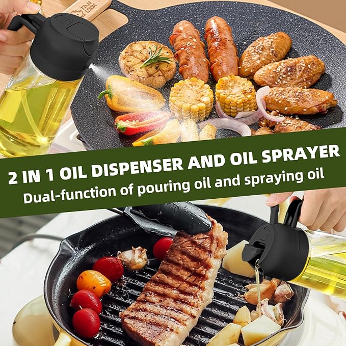 Oil Dispenser for Kitchen, 2 in 1 Olive Oil Sprayer, Olive Oil Dispenser Spray Bottle with Brush, Oil Sprayer for Cooking for Air Fryer, Barbecue, Salad 16oz/470ml (Black)