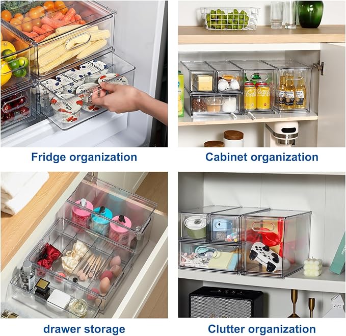 Fridge Drawer Pull Out Stackable Bins, Clear Refrigerator Stackable Organizers, Fridge Organizer Storage for Kitchen, Pantry, Vegetables, Fruits (2 Small + 1 Large)