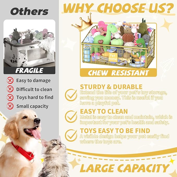 Indestructible Dog Toy basket, Medium Toy Box for Dogs,Pet Toy Bin Dog Metal Basket for Toys, Toy Storage Organizer, Toy Box for Living Room Area (Gold)